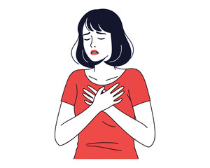 Woman clutches chest in pain or distress with eyes closed