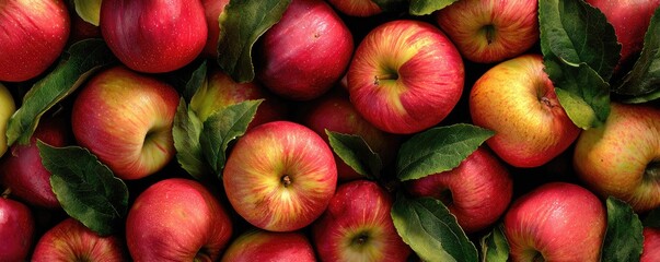 Fresh red apples with green leaves