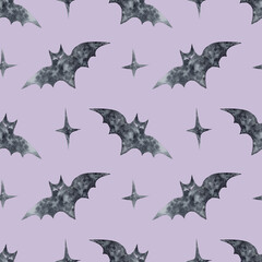Seamless background for halloween bat and stars at night on light lilac black watercolor grainy with texture hand drawn