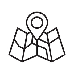 Outline drawing of a map with a pin on it showing a location in black and white simple illustration