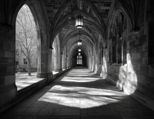 Sunlit stone cloister hallway with pointed arches, high ceilings, and light fixtures casting shadows on the tiled floor, leading to a distant, brighter exit