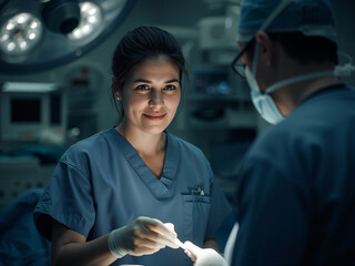 Female nurse in blue scrubs smiles gently with a calm demeanor in operating room woman medical