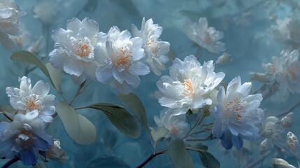 White flower blossoms on light blue background