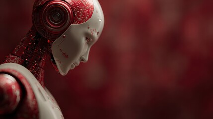 Profile view of a white and red humanoid robot gazing downward