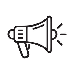 A simple black line drawing of a megaphone with sound waves on a plain white background illustration