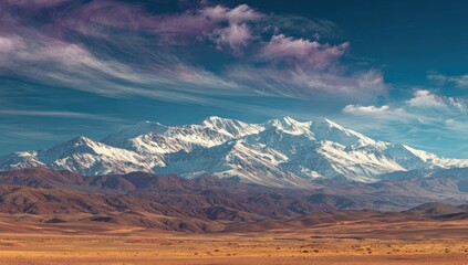 A majestic snow-capped mountain range dominates a vast, arid landscape under a vibrant, partly cloudy sky; streaks of purple and white in the clouds