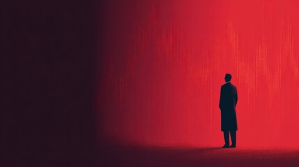 Silhouette of a man standing in light looking at the signal on the wall