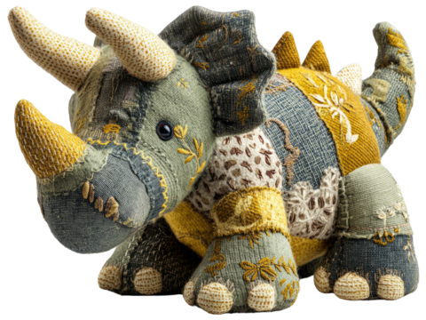 Colorful Fabric Dinosaur Toy on Transparent Background