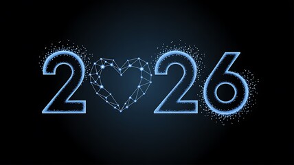 The year 2026 with a glowing heart shape in the middle, sparkling effect, dark background