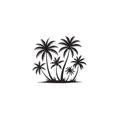 Silhouettes of tropical palm trees against a white background.This black and white silhouette image shows a cluster of palm trees.