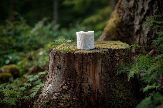 Toilet paper roll placed on tree stump in forest.