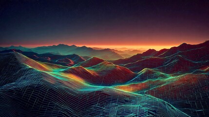 Futuristic abstract landscape with vibrant neon lights and mountainous terrain at dusk