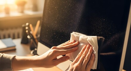 Obraz premium Closeup of hands cleaning a dusty computer monitor screen with a wet wipe in a home office setting