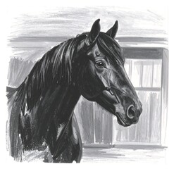 Black horse portrait in grayscale