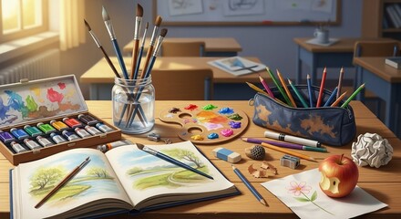 Artistic still life of painting supplies, drawing book and apple on a wooden desk in a classroom setting