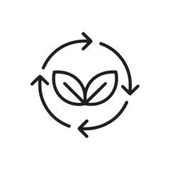 Black outline of two leaves surrounded by a circular arrow on a white background illustration