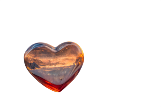 Heart shaped object with sunset reflection isolated on white background