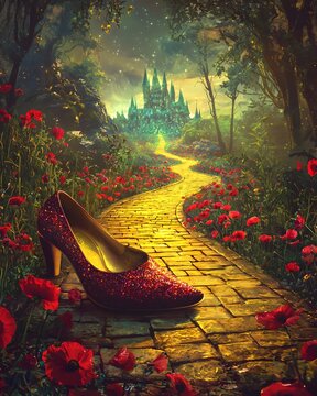 A single, glittering red shoe rests on a yellow brick road leading toward a distant, glowing castle in a vibrant landscape.