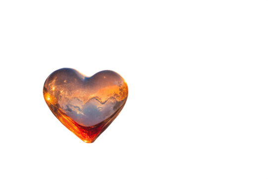 Heart shaped ice sculpture with sunset colors isolated on white background