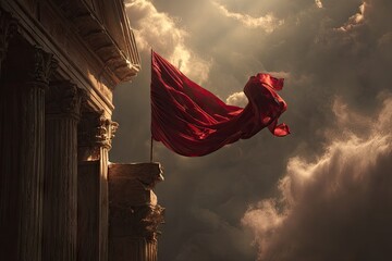 Red flag billows against ancient ruins under dramatic sky