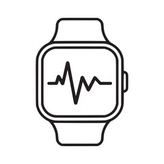 A line art drawing of a smartwatch displaying a heartbeat graph on its screen in black and white style