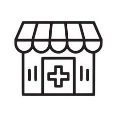 A simple black outline of a pharmacy building with a plus sign on the front door icon design