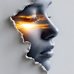 A surreal representation of emotion and thought, merging a face with a vivid sunset, symbolizing the connection between interior and exterior.