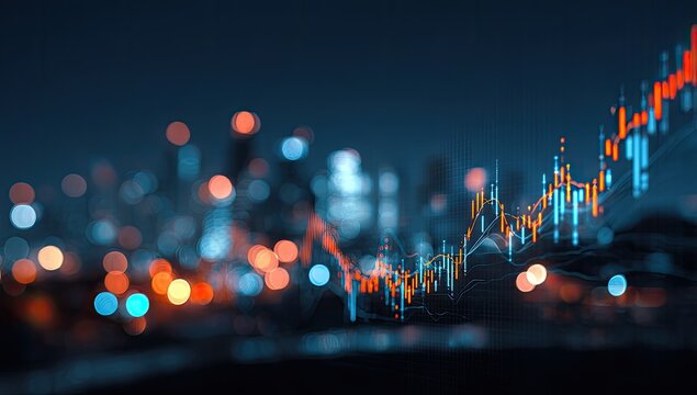Abstract nighttime cityscape blurred behind a dynamic, glowing candlestick chart representing financial market trends; orange and blue hues dominate