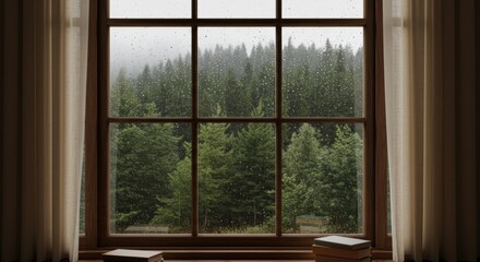 Naklejka premium Serene Forest View Through a Window, a Tranquil Escape into Nature's Embrace
