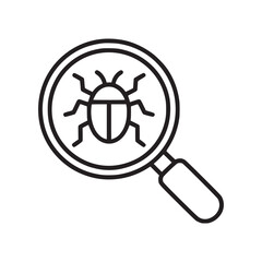 Outline of a bug inside a magnifying glass suggesting software testing or debugging process on white