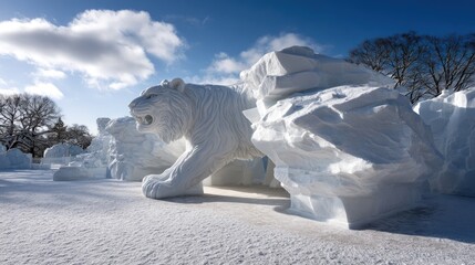 A large, sculpted snow tiger dominates a snowy landscape, surrounded by intricate ice formations.