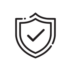 A simple black outline of a shield with a check mark inside on a plain white background illustration