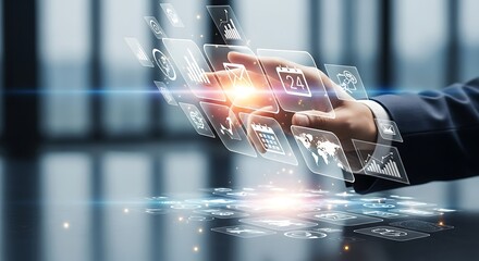 Businessman interacting with a futuristic holographic interface displaying data and technology