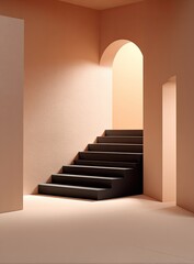 Minimalist interior scene peach walls, black staircase ascending towards arched doorway and a side door, sunlit
