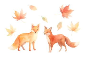 Watercolor Fox in Autumn Forest with Leaves