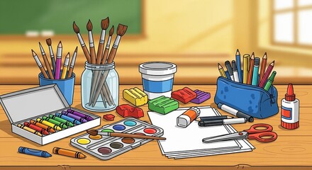 Art supplies arranged on a wooden desk, featuring paintbrushes, crayons, watercolors, and clay for creative projects.