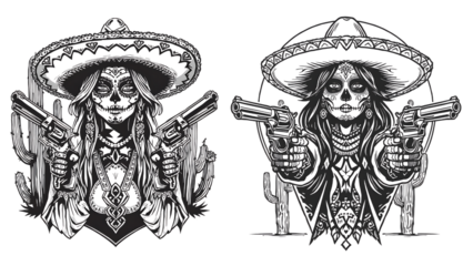 Fun Cartoon Character with Sombrero and Guns in Wild West Theme Design