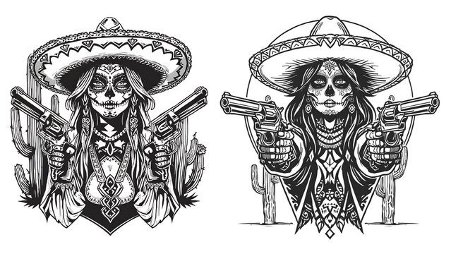 Fun Cartoon Character with Sombrero and Guns in Wild West Theme Design