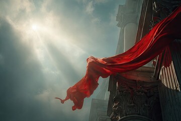Red fabric drapes from ancient building, sunbeams