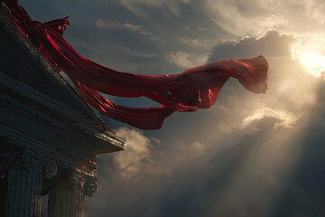 Draped red fabric billows from ancient columns