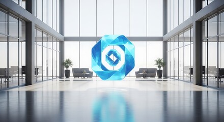 Futuristic holographic blue crystal orb floating in modern office lobby