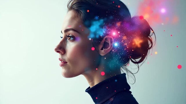 Universe exploring woman's mind in a conceptual video