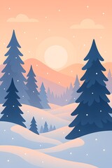 Fototapeta premium Winter sunrise over rolling snowy hills with pine trees, warm peach sky, flat vector illustration ideal for wallpapers, magazine covers, and seasonal social media headers.