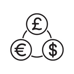Vector art of currency exchange icon, depicting the pound, dollar, and euro symbols in a circular arrangement, representing global financial transactions and international money transfers