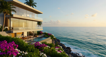Obraz premium Ocean view villa luxury home architecture design swimming pool palm trees modern residence real estate