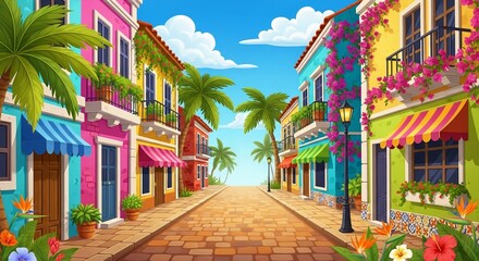 Fototapeta premium Vibrant cartoon street scene with colorful buildings, palm trees, and tropical flowers under a bright blue sky.