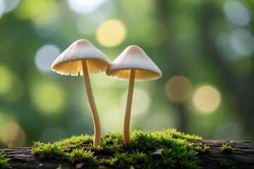 Fototapeta premium Enchanting Forest Two Delicate Mushrooms Grace a Mossy Log Bathed in Soft Sunlight Showcasing Nature's Intricate Details