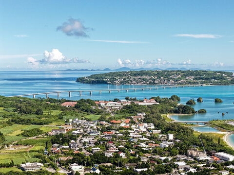 Aerial View of Kouri Island (古宇利島) and Kouri Bridge (古宇利大橋) with Village and Coastal Lagoon, Okinawa, Japan