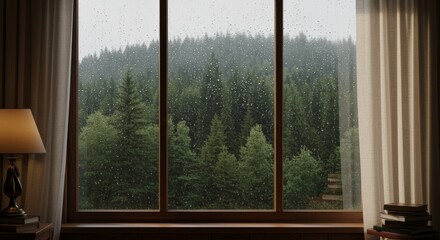 Naklejka premium Rainy forest view from a cozy window, with a lamp and curtains creating a tranquil atmosphere