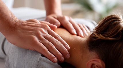 Close up of hands giving a relaxing neck and shoulder massage to a person